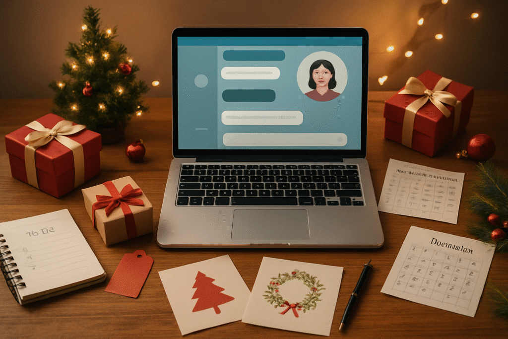 Virtual assistant managing time-consuming holiday tasks like gift research, scheduling, and travel planning